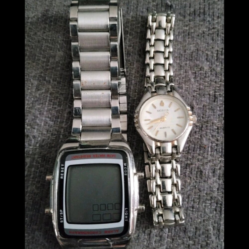 ⌚️His & Hers Set Of Stainless Steel Silver Chain Link Watches - Morita & Digital